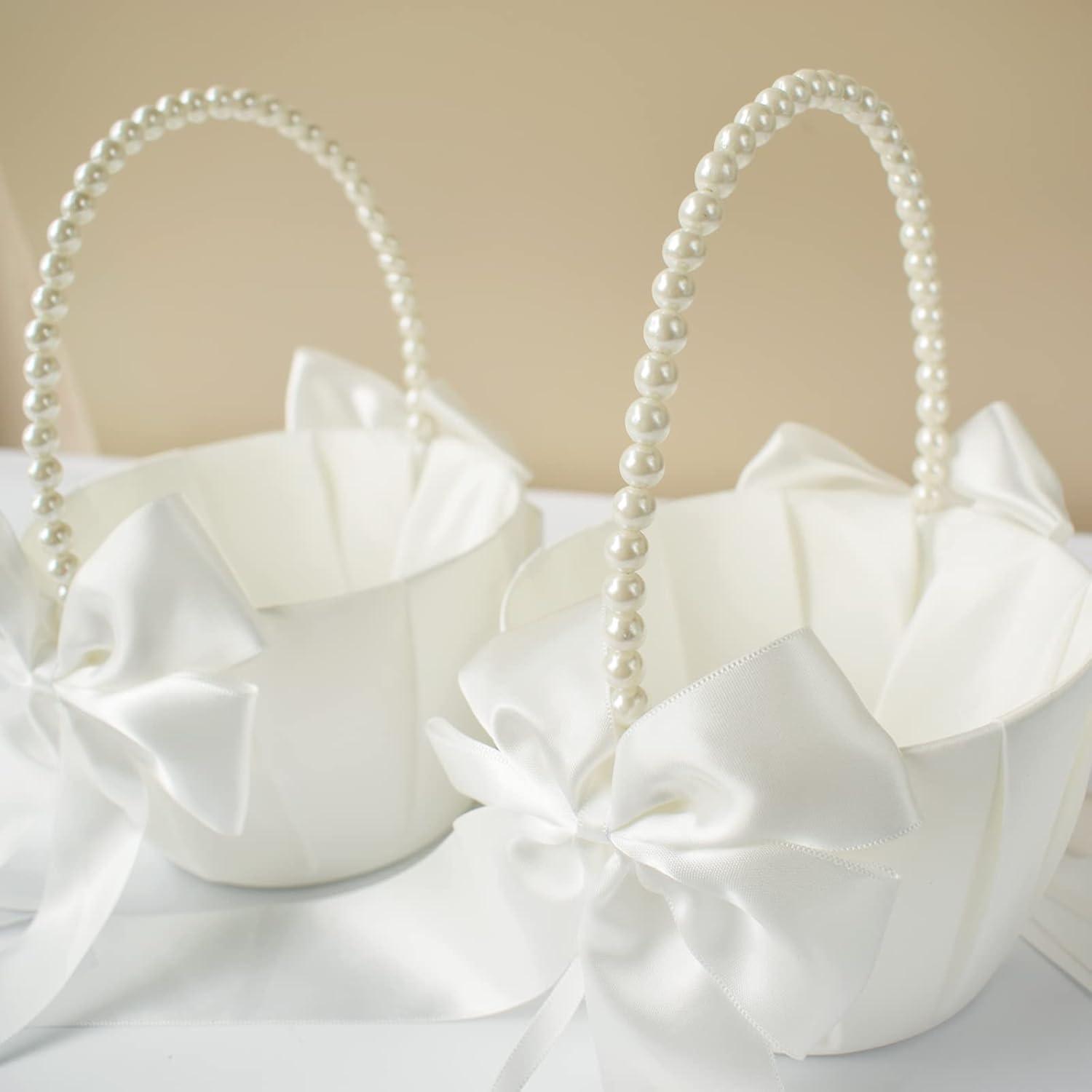 2 PCS Flower Girl Baskets Set- Cute Cherish Wedding Flower Baskets (Ivory)