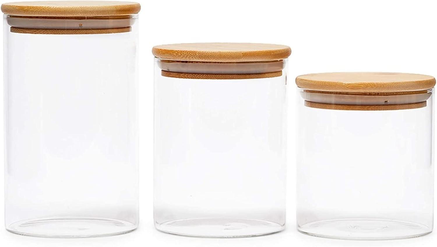 Paquete de 5 Botes de Vidrio con Tapas de Bambú, 3 Tamaños para Almacenamiento en Despensa