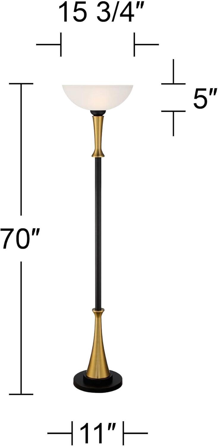 Possini Euro Design Burbank Modern Art Deco Torchiere Floor Lamp 70" Tall Black Brass Frosted White Glass Shade for Living Room Bedroom Office House