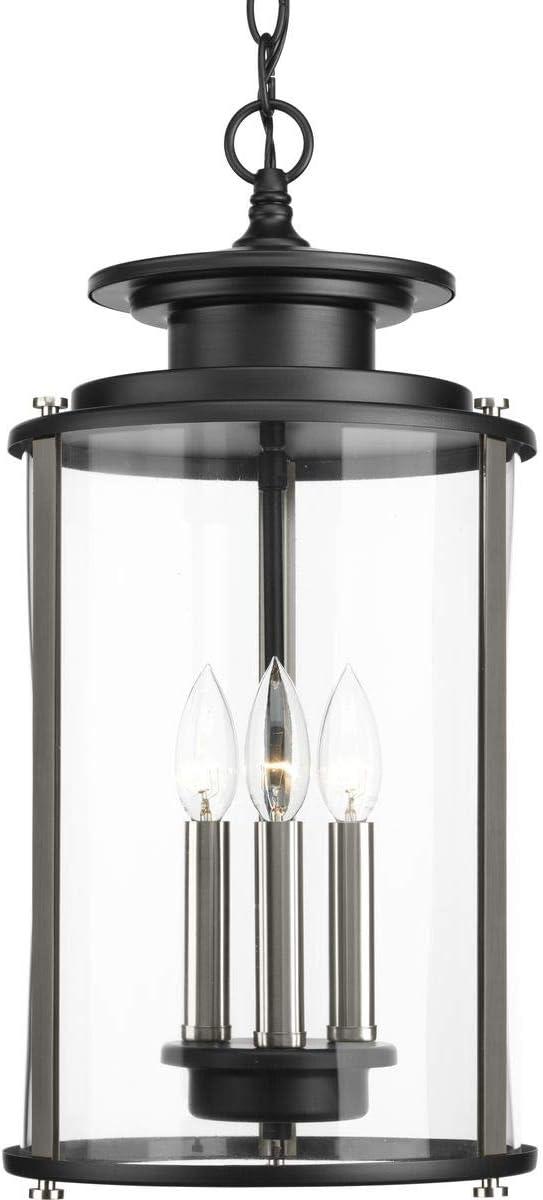 Progress Lighting Squire 3-Light Hanging Lantern, Steel, Black Finish, Clear Glass Shade