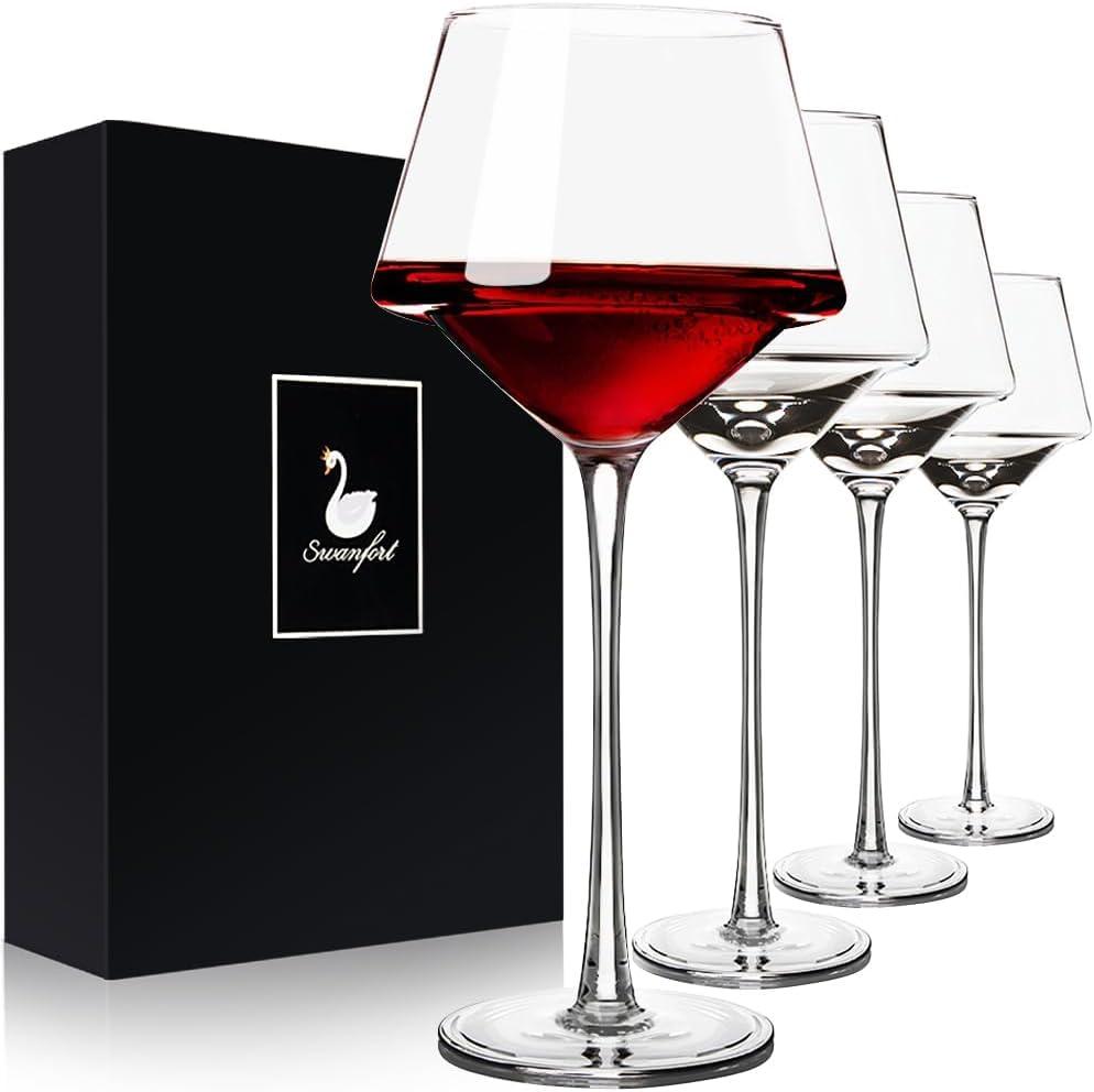 Swanfort Red Wine Glasses Set of 4 with Wine Aerator Pourer and Vacuum Wine Stopper Hand Blown Crystal Wine Glasses With Stem, Unique Design in Gift Box for All Purpose 14.5 OZ