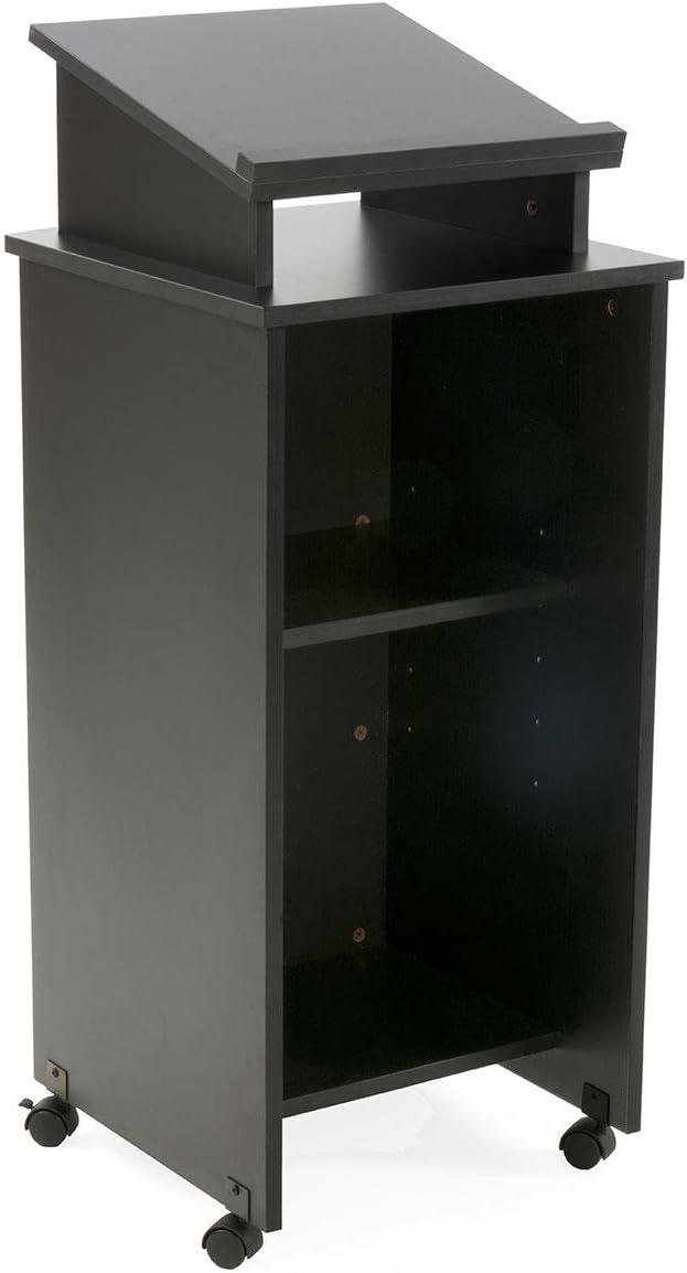 Black Rolling Wood Podium with Locking Wheels and Shelves