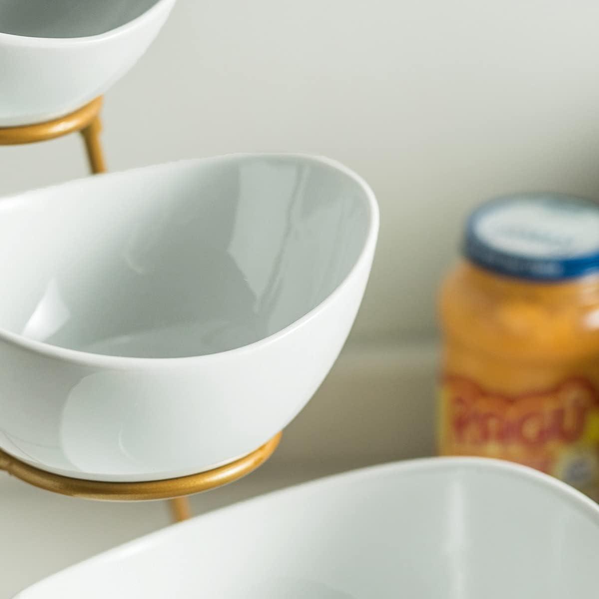 Gold 3-Tier Oval Ceramic Serving Bowl Set with Stand