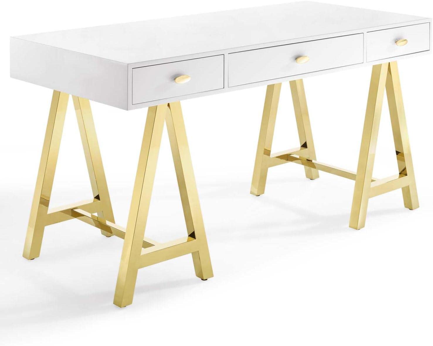 Sleek Gold & White Retro Modern Office Desk with Drawers