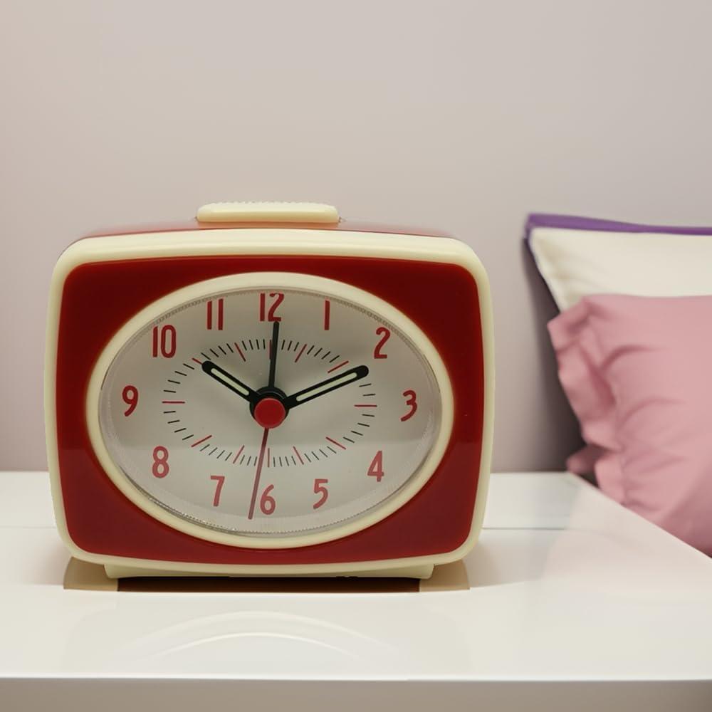 Retro Red and Cream Analog Alarm Clock with Glow Hands