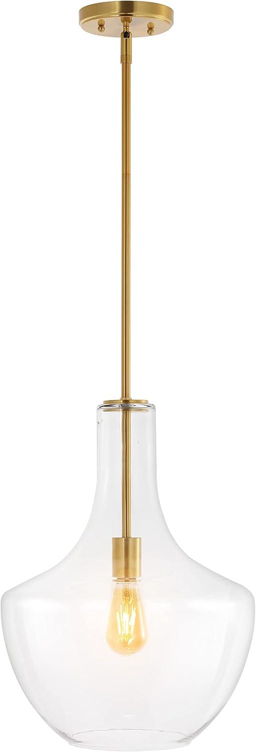 Watts 13.25" 1-Light Mid-Century Modern Iron/Glass LED Pendant, Brass Gold/Clear