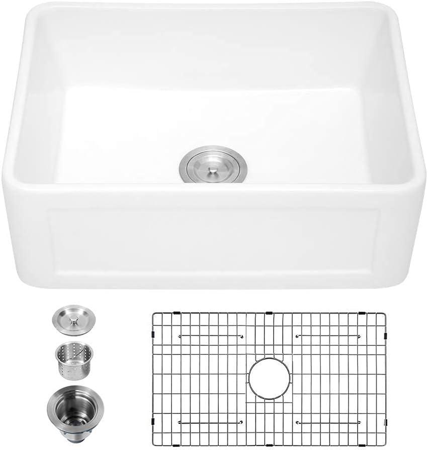 24-Inch Glossy White Fireclay Farmhouse Kitchen Sink with Accessories