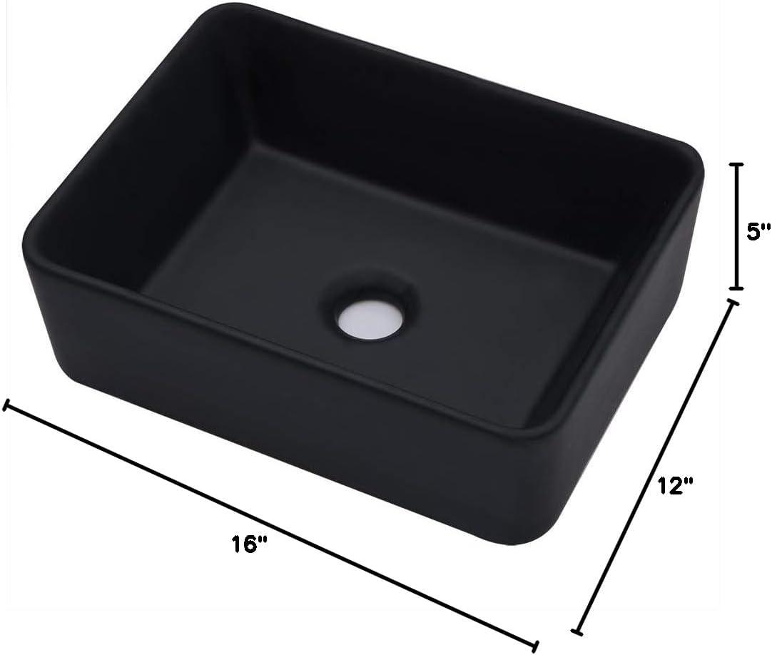 Kichae 16"x12" Vessel Sink Rectangle - Modern Above Matte Black Porcelain Ceramic Bathroom Vessel Vanity Sink Bowl Art Basin