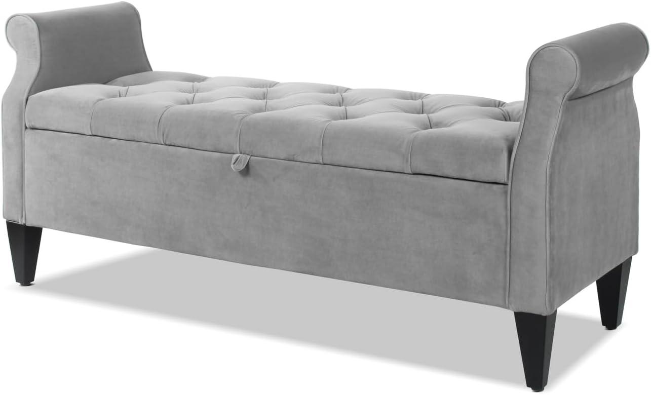 Jacqueline Opal Grey Velvet Tufted Roll Arm Storage Bench