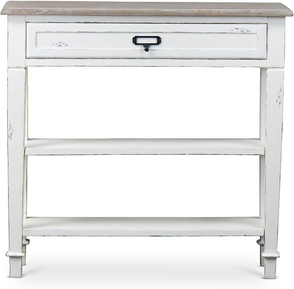 Distressed White and Natural Wood Console Table with Storage