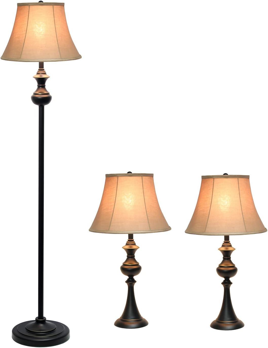 3pk Crafted Lamp Set (2 Table Lamps and 1 Floor Lamp) with Shades Restoration Bronze - Elegant Designs: UL Listed, Cotton Shades