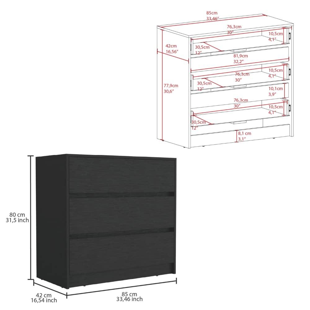 TUHOME Austin Three Drawer Dresser Engineered Wood Dressers in  Black