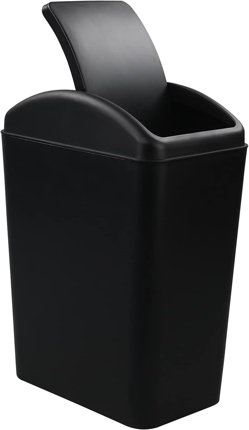 Black Rectangular Plastic Trash Can with Swing Lid