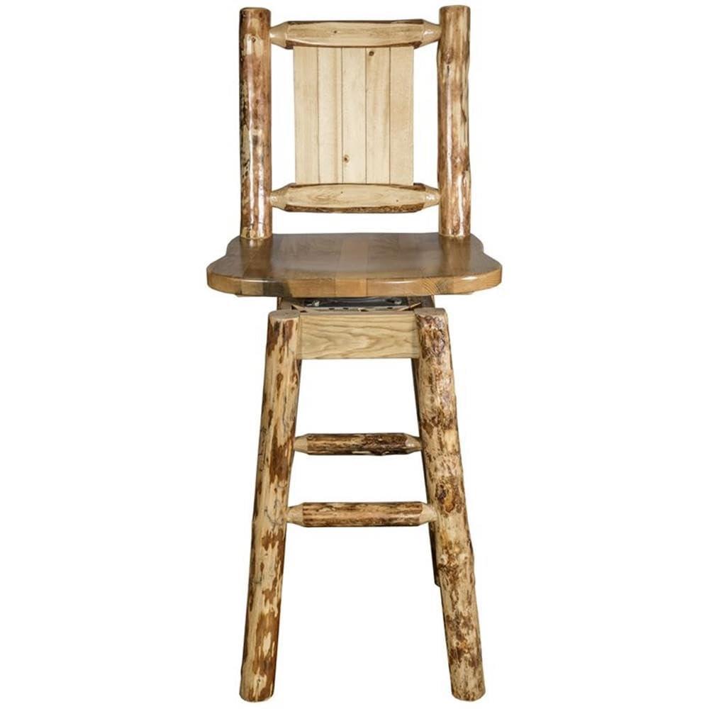 Rustic Lodge Pole Pine Swivel Barstool with Laser-Engraved Wolf