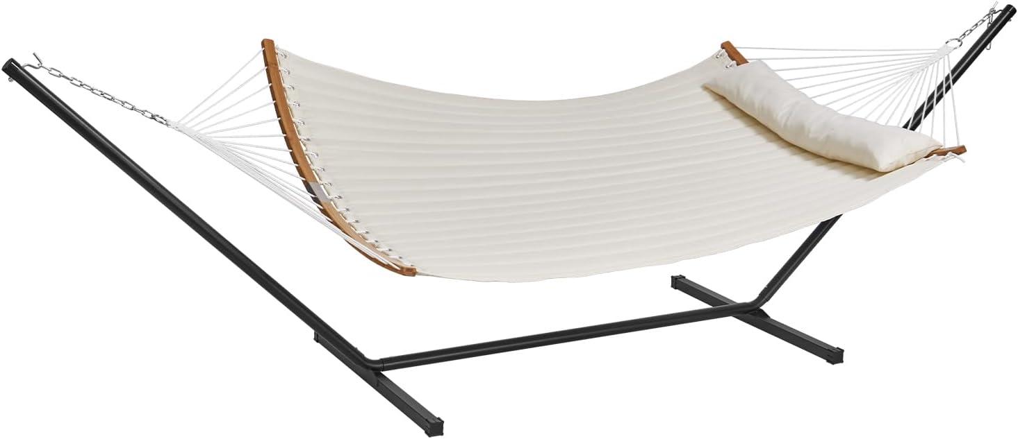 Cream Double Quilted Fabric Hammock with Bamboo Spreader Bars and Stand