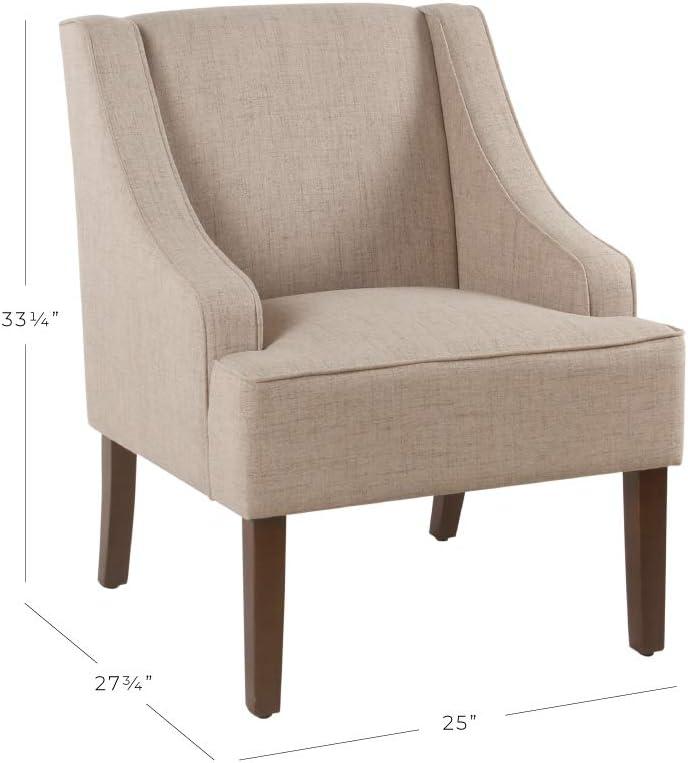 Tan Upholstered Wood Swoop Arm Accent Chair