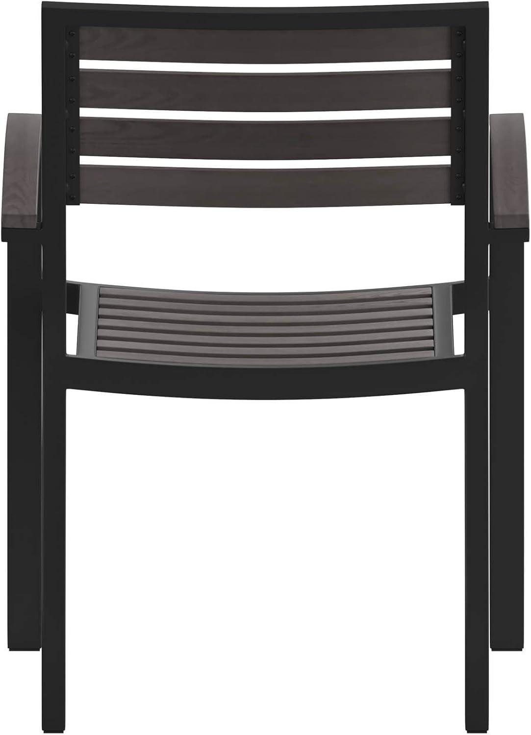 Flash Furniture 2 Pack All-Weather Black Aluminum Patio Stack Chairs - Gray Wash Faux Teak Slats