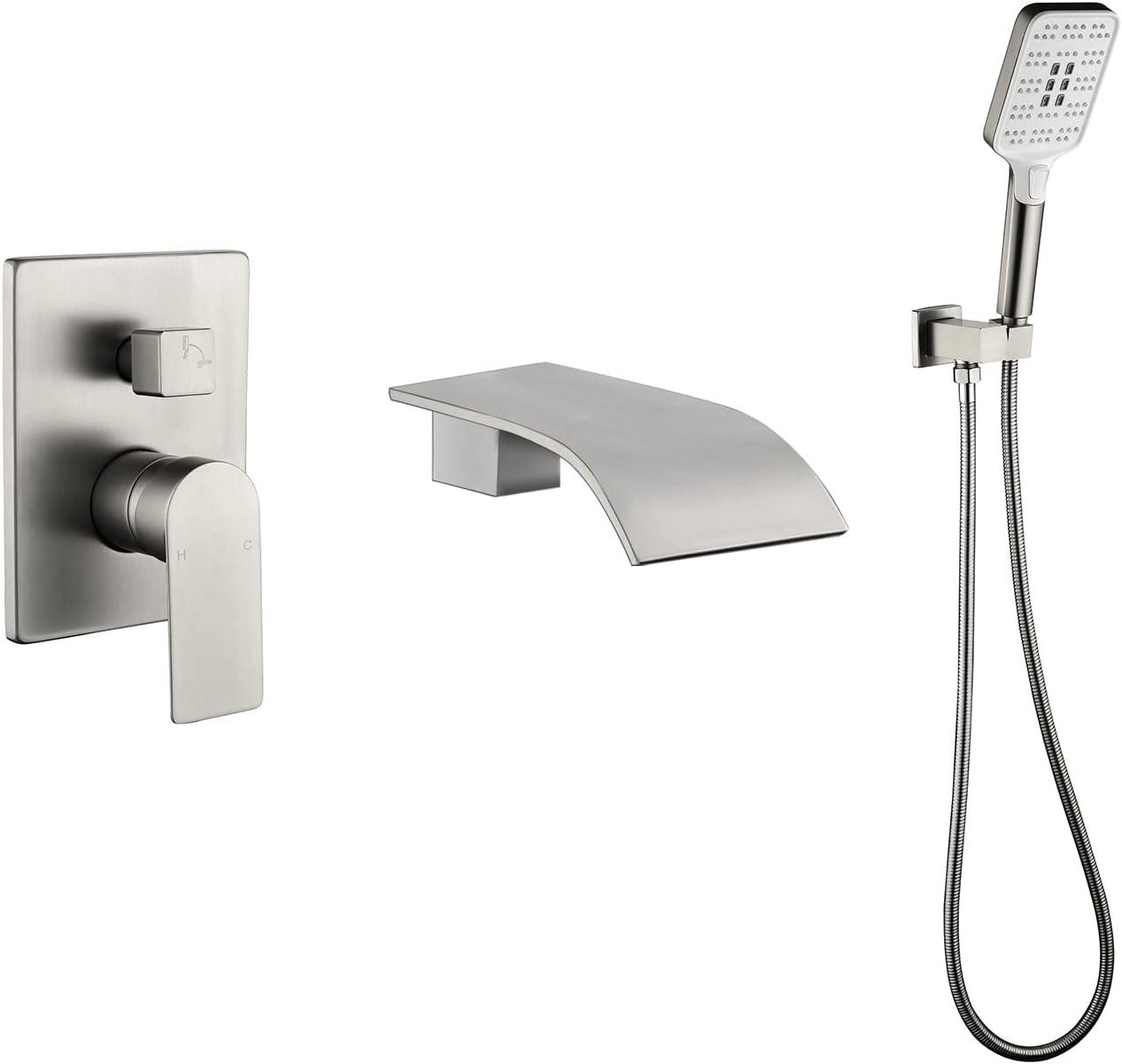 Brushed Nickel Wall-Mount Waterfall Tub Faucet with Hand Shower