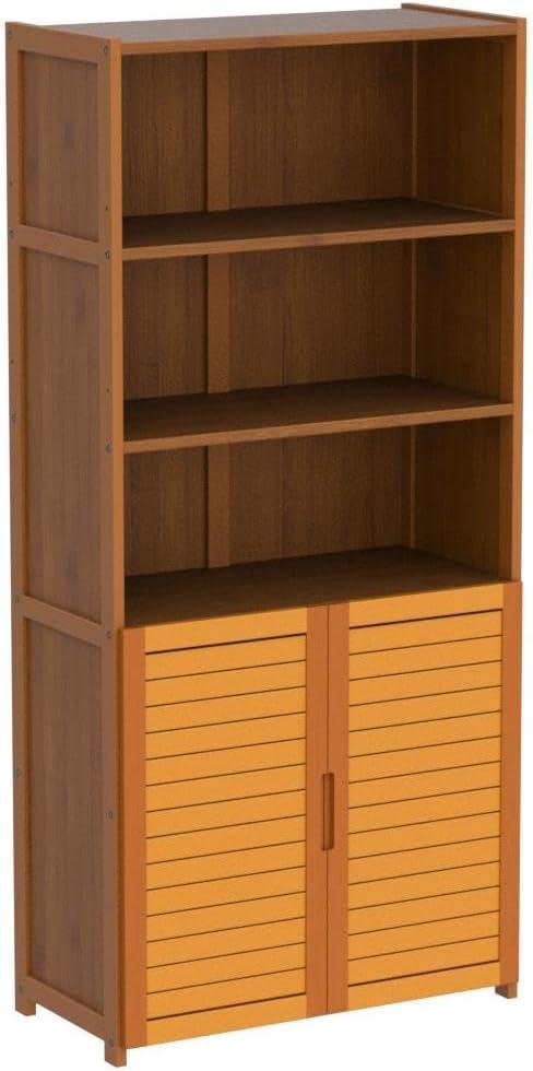 Brown Bamboo 5-Tier Bookcase with Shutter Doors