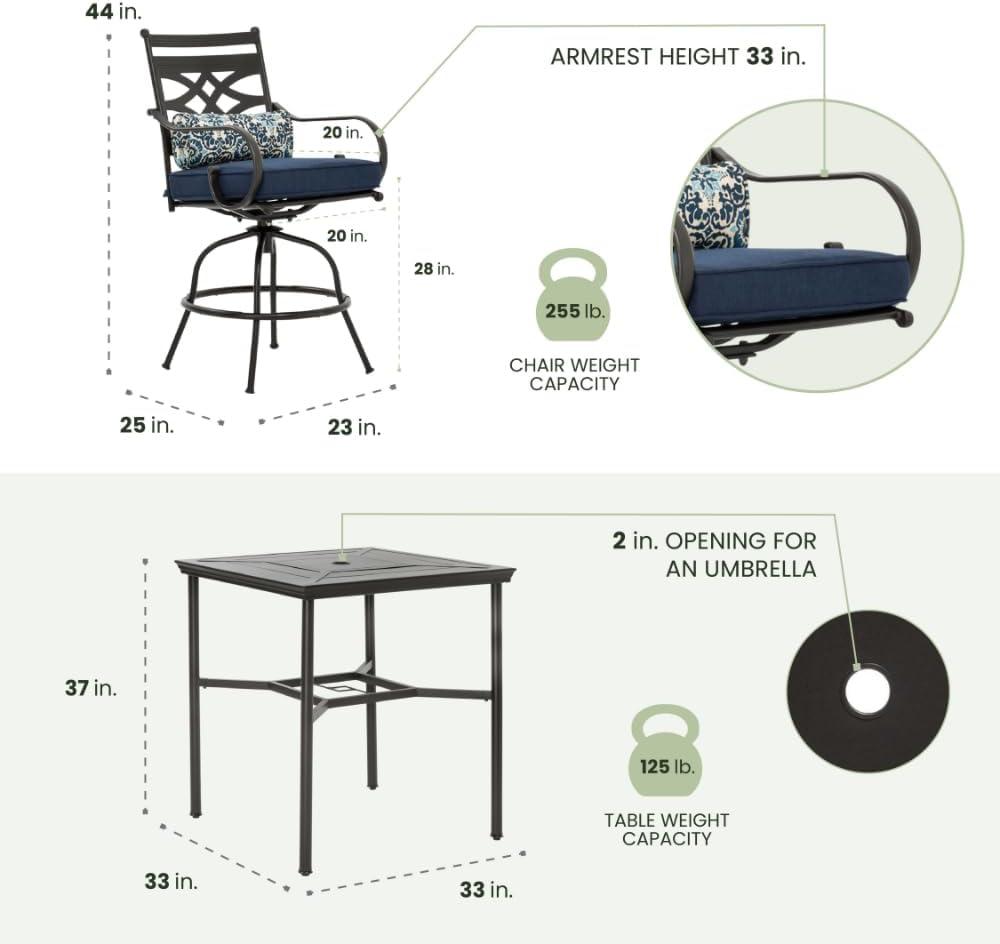Hanover Montclair 3-Piece All-Weather Outdoor Patio Bistro Dining Set, 2 Swivel Rocker Chairs with Comfortable Seat and Lumbar Cushions, 27" Square Stamped Rectangle Table, MCLRDN3PCSW2-NVY