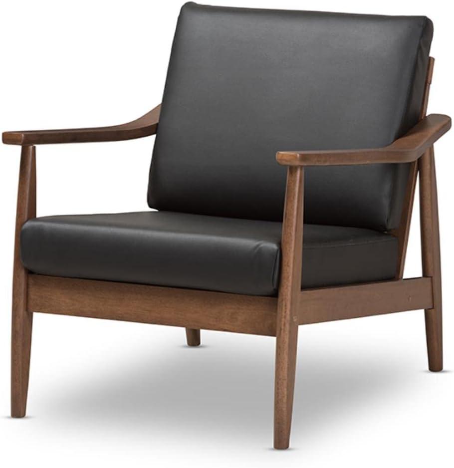 Venza Mid Century Modern Walnut Wood Faux Leather Lounge Chair Black - Baxton Studio: Indoor Armchair, Rubberwood Frame