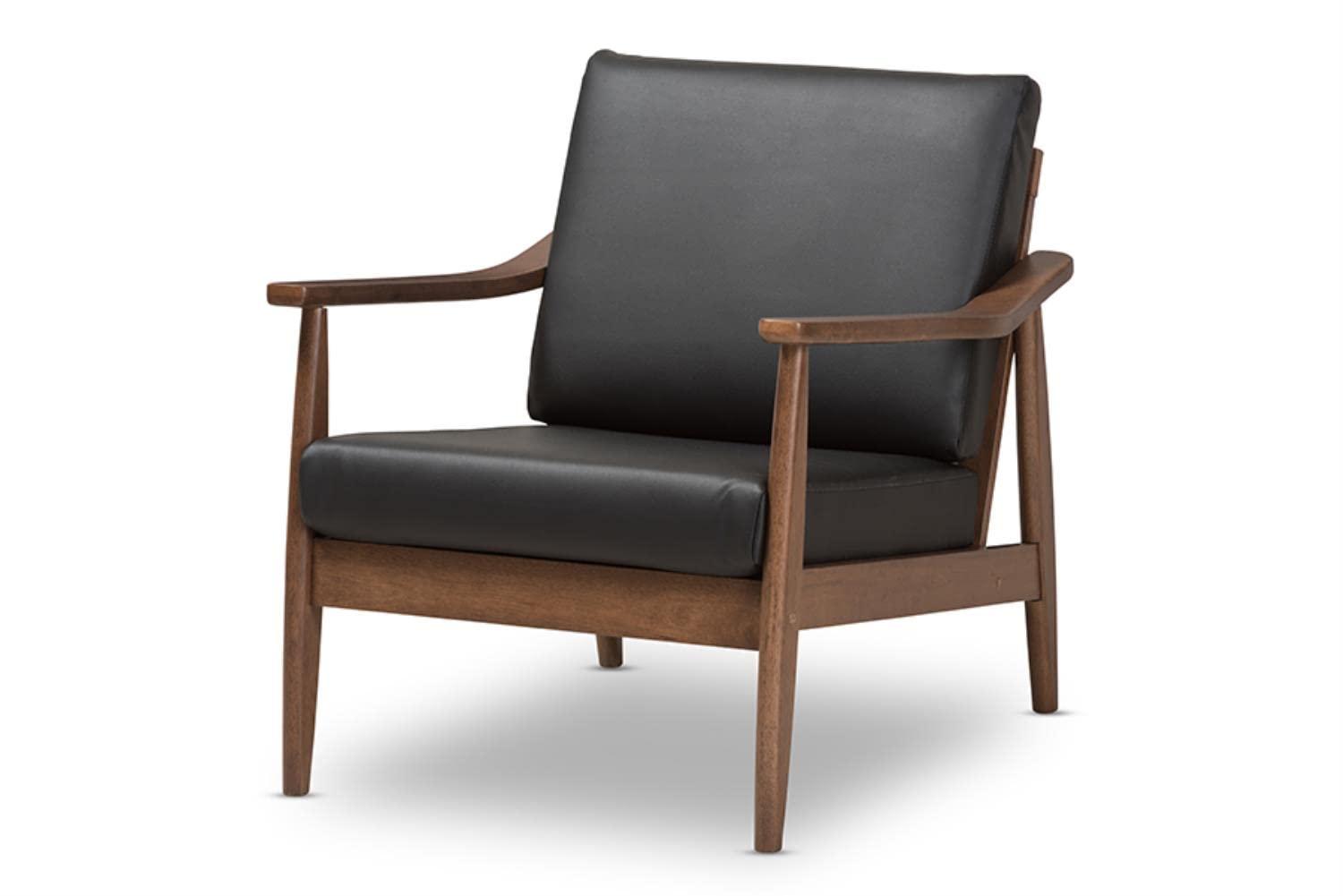 Venza Mid Century Modern Walnut Wood Faux Leather Lounge Chair Black - Baxton Studio: Indoor Armchair, Rubberwood Frame