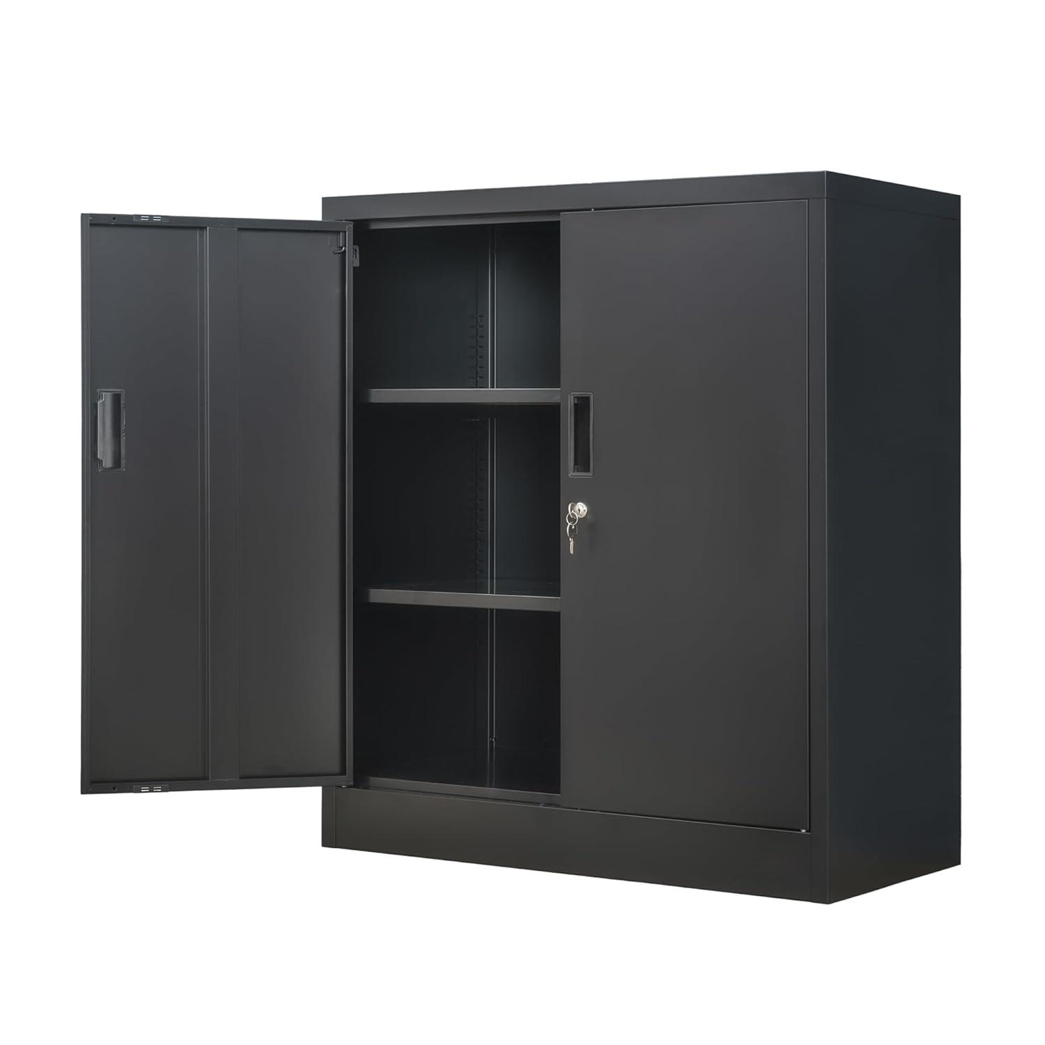 Metal Storage Cabinet, 36" H Locking Storage Cabinet with Adjustable Shelves, Steel Storage Cabinet for Garage, Home, Office, Utility Room-Black