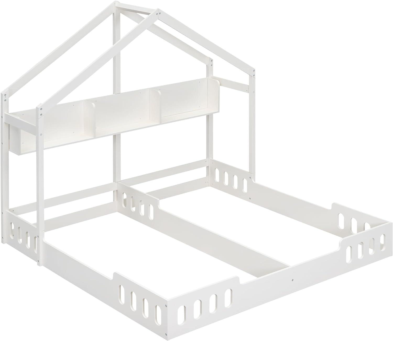 P PURLOVE Twin House Bed for 2 Kids,Double Twin Size Shared Beds with Fence Railings,House Montessori Floor Bed Frame Twin Size with Roof and Storage Shelves or Kids,Teens, Boys & Girls