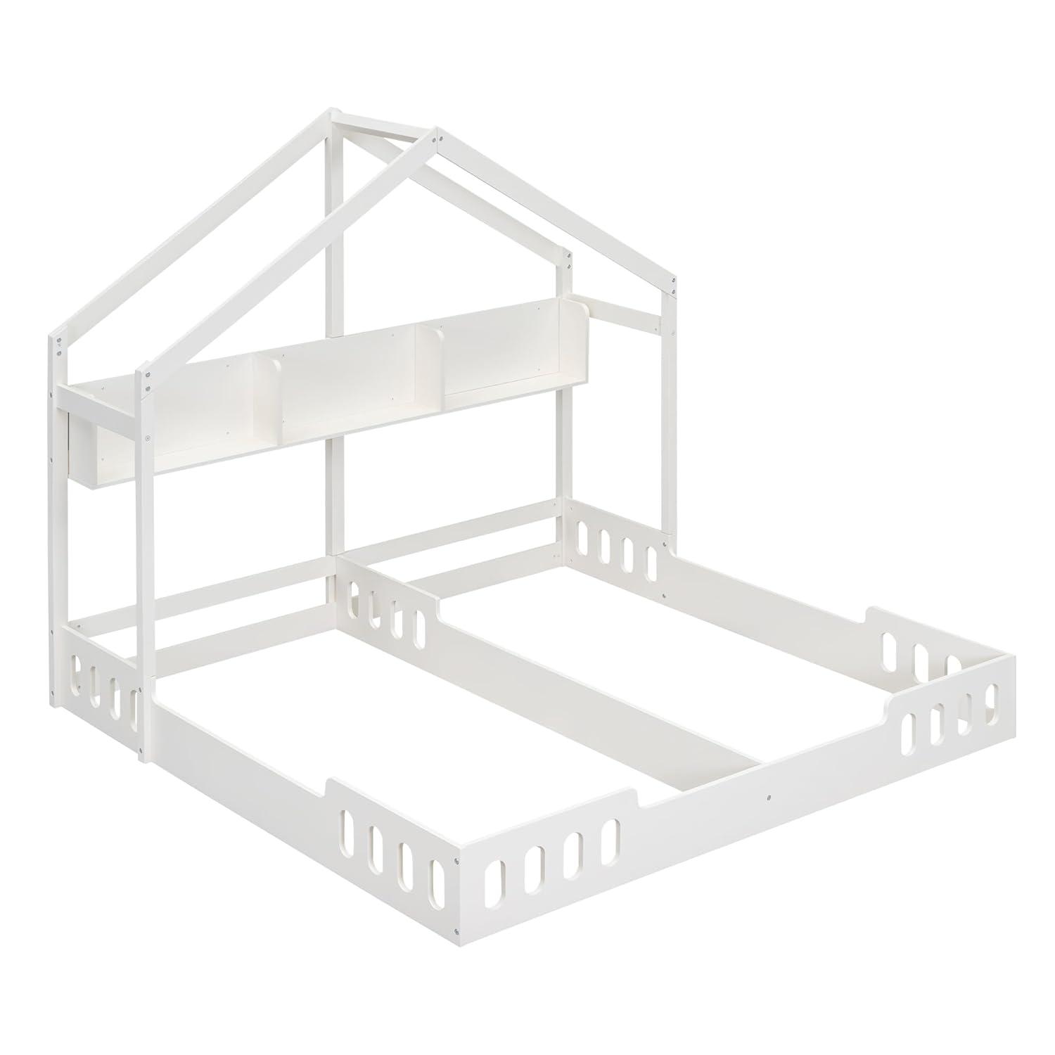 P PURLOVE Twin House Bed for 2 Kids,Twin Size Double Shared Beds with Fence Railings,House Montessori Floor Bed Frame with Roof and Storage Shelves or Kids,Teens, Boys & Girls