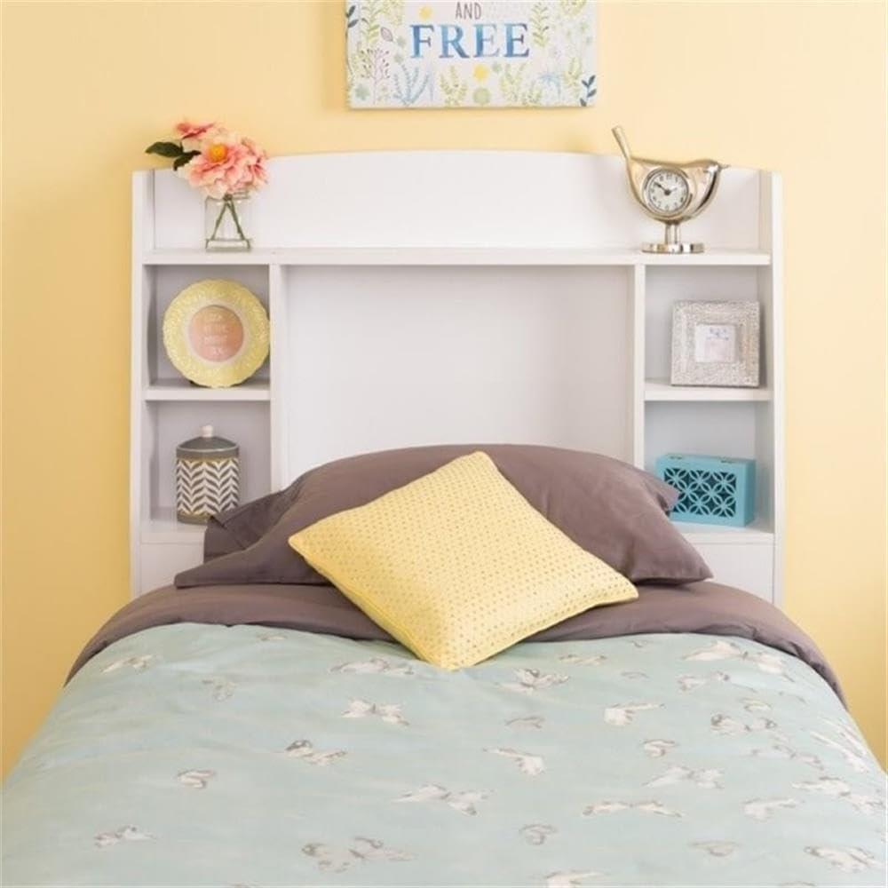 White Twin Wood Bookcase Headboard with Storage