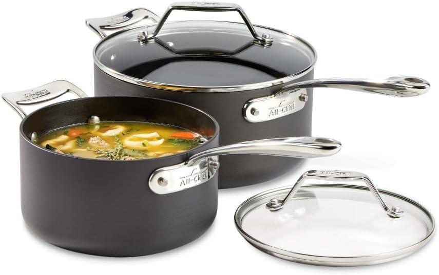 All-Clad Essentials Hard Anodized Nonstick Cookware Set, 2-piece Sauce Pan Set with lids, 2.5 & 4 quart