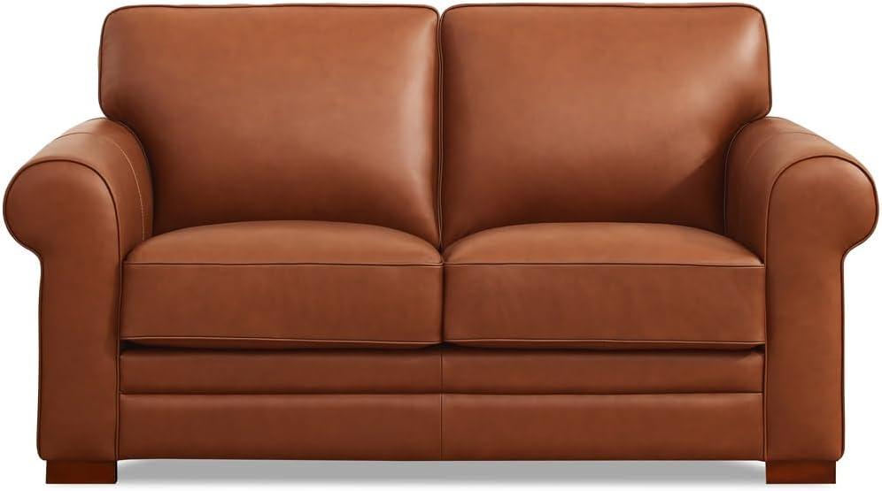 Cinnamon Brown Tufted Leather Loveseat with Wood Feet