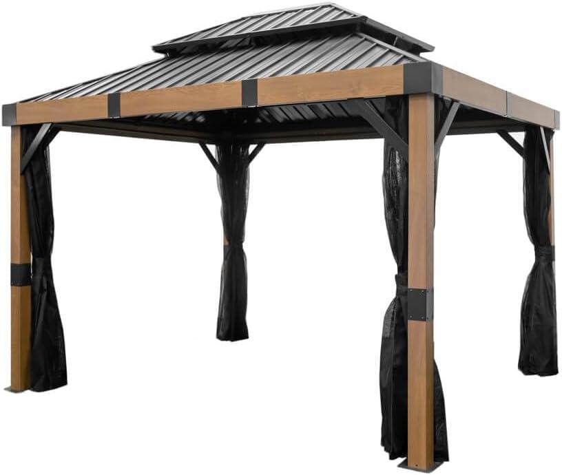 Sojag Outdoor 10' x 12' Fontana Hardtop Double Roof Gazebo Outdoor Sun Shelter, Wood and Black