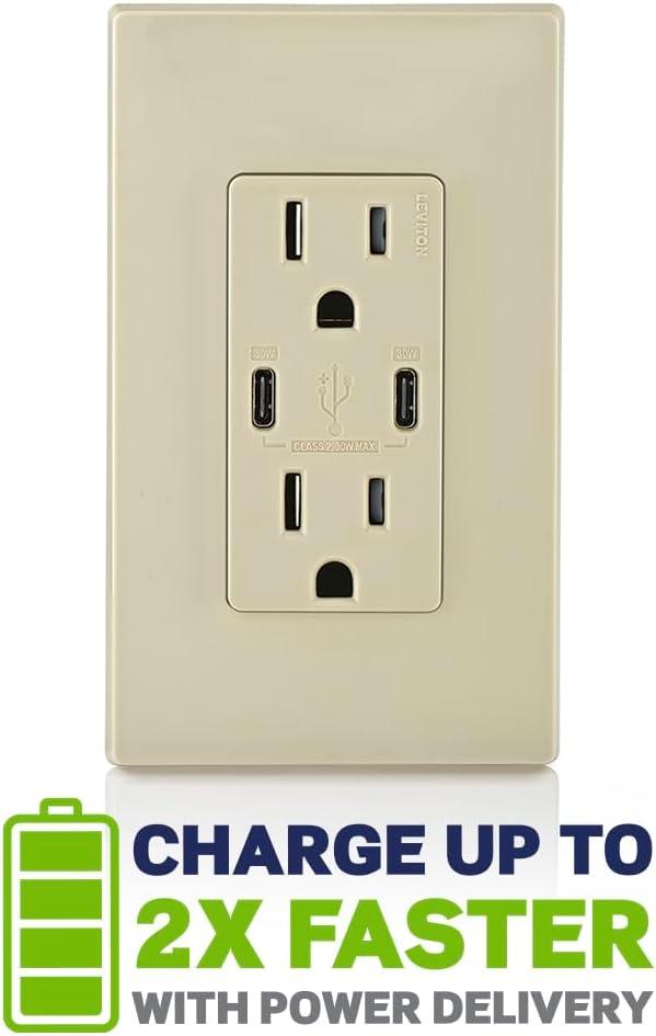 Tamper-Resistant T5635-I 15A 125V 30 watts Tamper-Resistant Duplex Outlet USB Dual Type-C with Power Delivery In-Wall Charger, Ivory