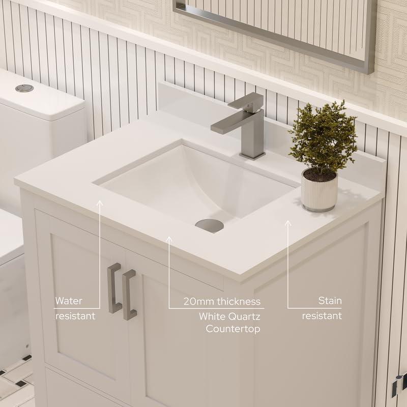 Ayna Decors Rooh 24 in White Bathroom Vanity Set with White Quartz Countertop | Ceramic Sink | 2 Soft Closing Doors | 1 Full Extention Soft Close Drawer | Brushed Nickel Hardware | AVR24WH3002