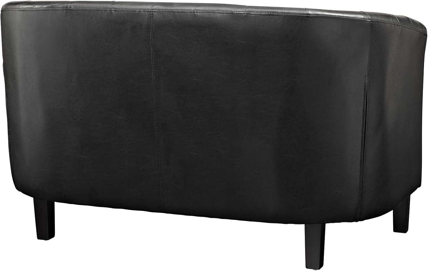 Classic Chesterfield Black Faux Leather Tufted Loveseat with Wood Legs