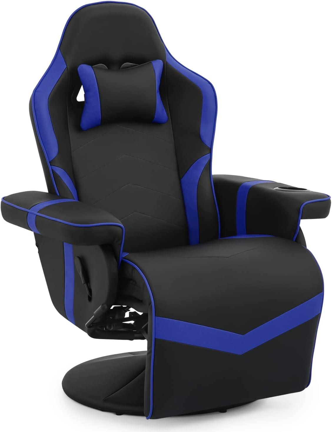 MoNiBloom Video Gaming Chair Ergonomic Recliner Racing Chair, High Back Swivel Chair with Adjustable Footrest and Backrest, Headrest and Cup Holder, Blue