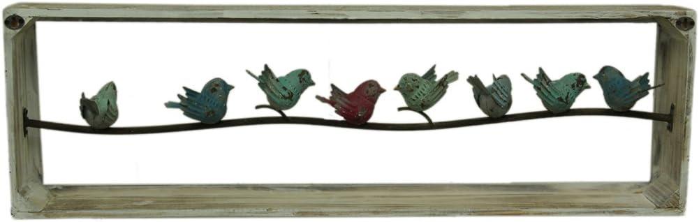 Distressed Multicolor Metal Birds on Weathered Wood Frame Wall Sculpture