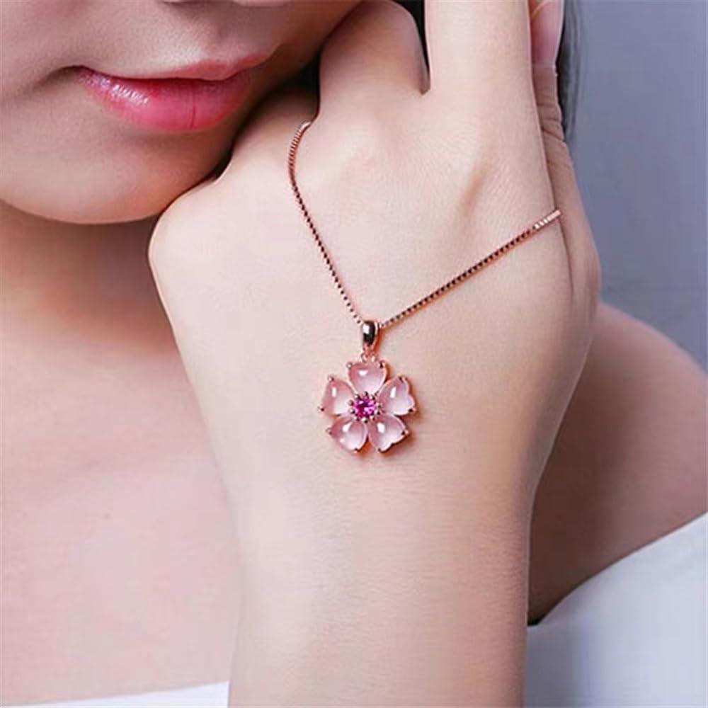 YOUMIYA Rose Gold Cherry Blossoms Necklace for Graduation Pink Beautiful Artificial Stone Crystal Necklace Best Gifts for Women Friend Lover