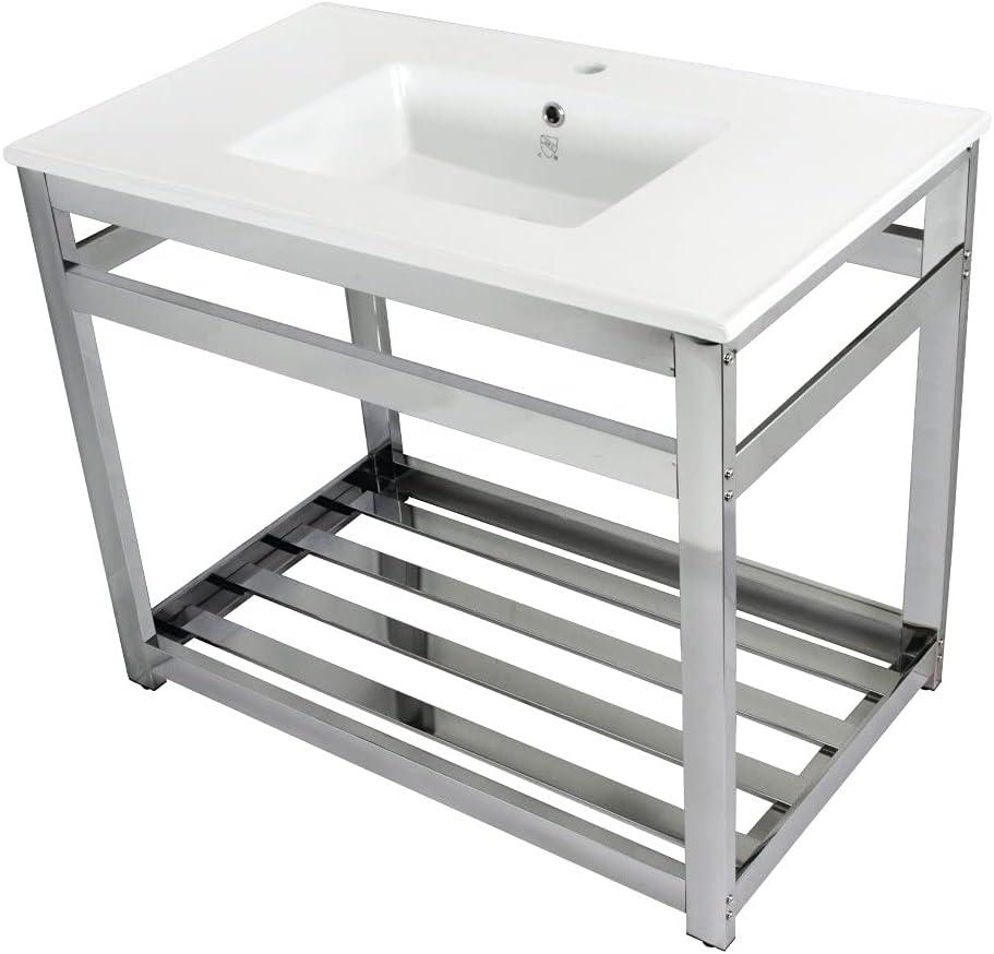 Kingston Brass Quadras 37-Inch Ceramic Console Sink with Steel Base and Shelf (1-Hole)