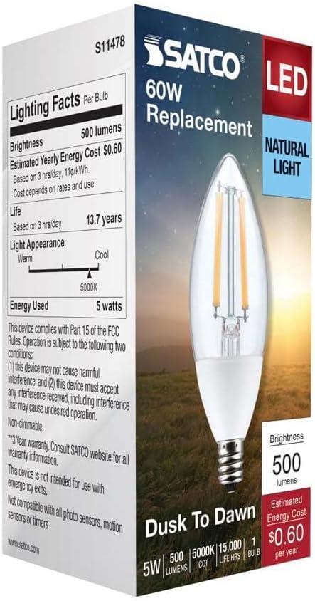 Satco 5 Watt B11 - Dusk to Dawn LED - 5000K - Candelabra Base - 120 Volt - 90 CRI