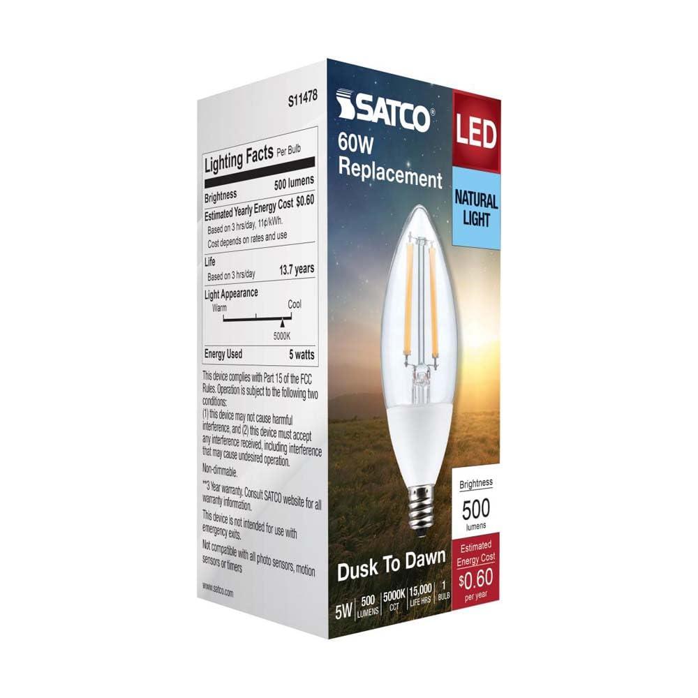 Satco 5 Watt B11 - Dusk to Dawn LED - 5000K - Candelabra Base - 120 Volt - 90 CRI