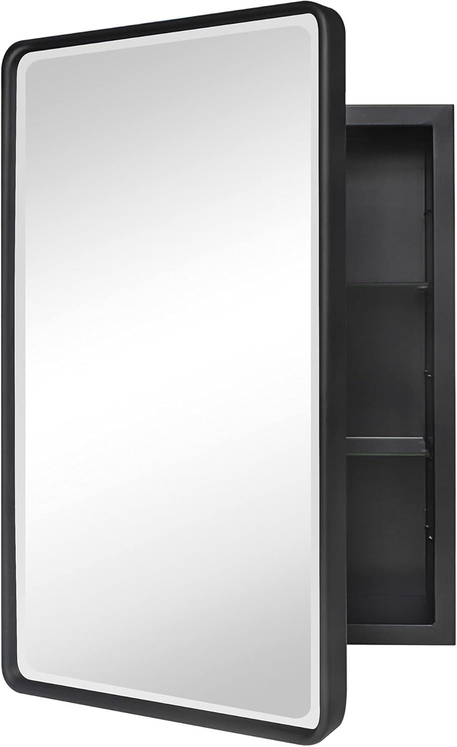 Black Metal Framed Recessed Medicine Cabinet with Beveled Mirror