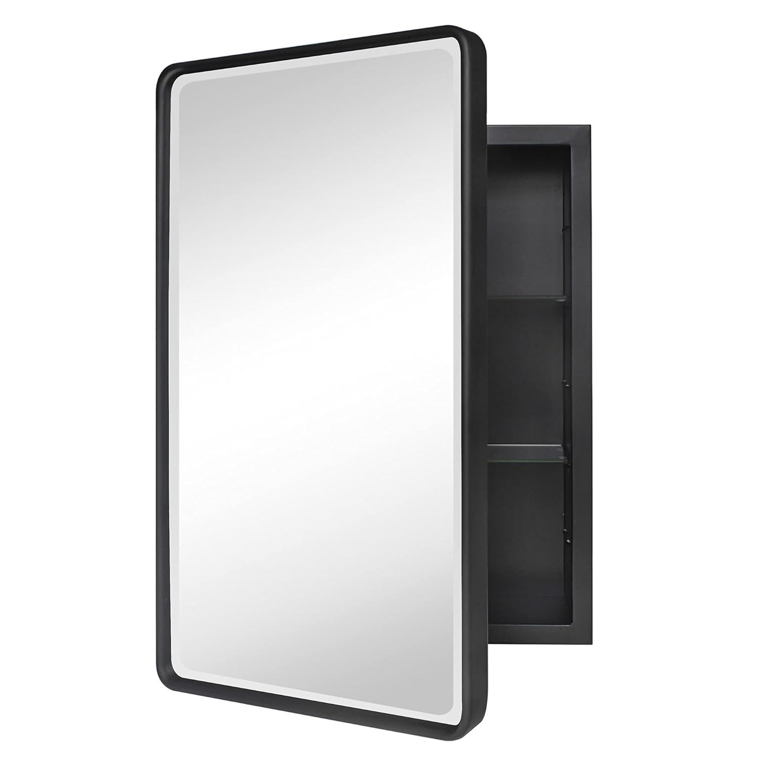 TEHOME Farmhouse 16 in. W x 24 in. H Small Recessed Metal Rectangular Bathroom Medicine Cabinets with Mirror in Matt Black