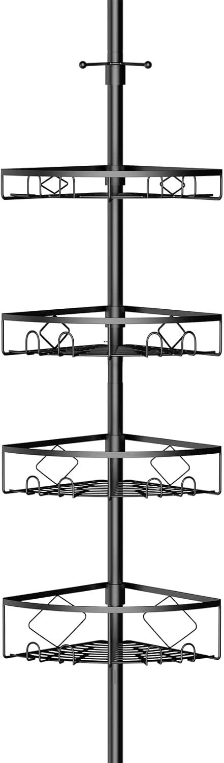 Corner Shower Caddy Tension Pole, 4 Tier Shower Basket Shelves, 53-120 inch Adjustable Height Shower Storage Rack, Bathroom Bathtub Shampoo Holder Organizer Shower Accessories (Black)