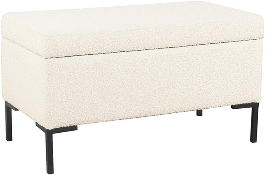 Medium Storage Bench with Metal Legs Cream Boucle - HomePop: Upholstered Rectangle for Modern Decor, Seats 2