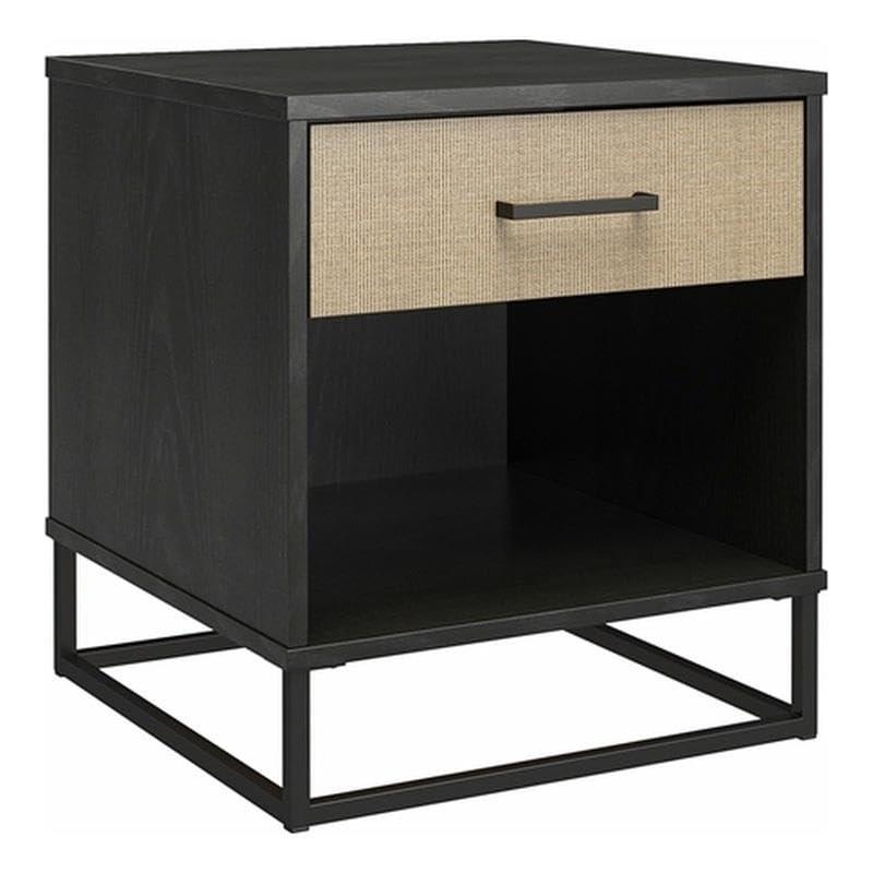 Coastal Charm Black Oak & Faux Rattan Nightstand with Drawer