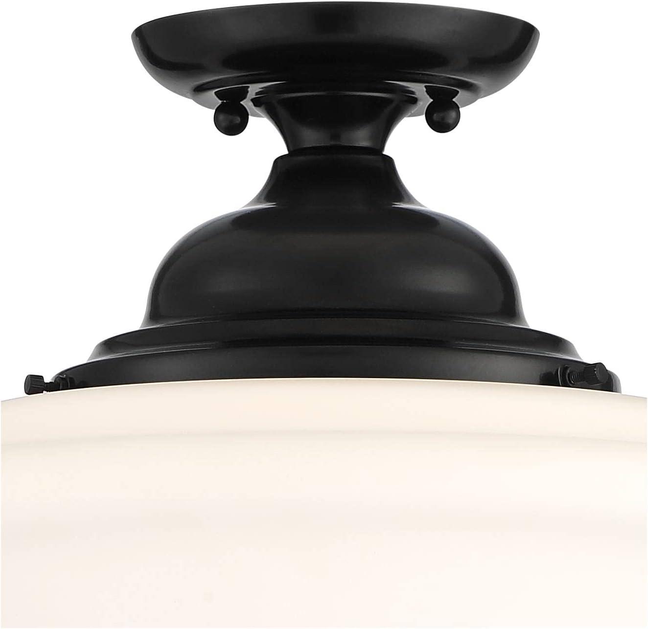 Regency Hill Vintage Rustic Farmhouse Ceiling Light Semi Flush Mount Fixture 13" Wide Gloss Black Flush White Glass Shade for Bedroom Living Room