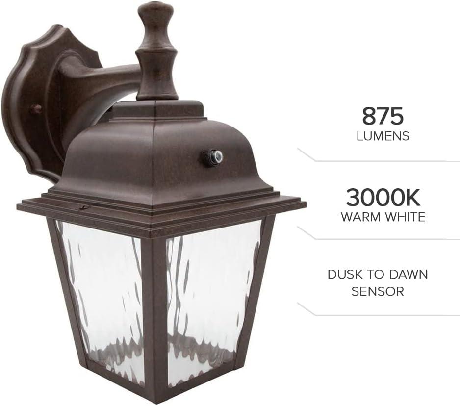 Maxxima LED Porch Lantern Outdoor Wall Light Fixture - Aged Bronze, Clear Water Glass, Photocell Sensor, 875 Lumens, 3000K Warm White, Dusk to Dawn Light Sensor, Exterior Decorative Light