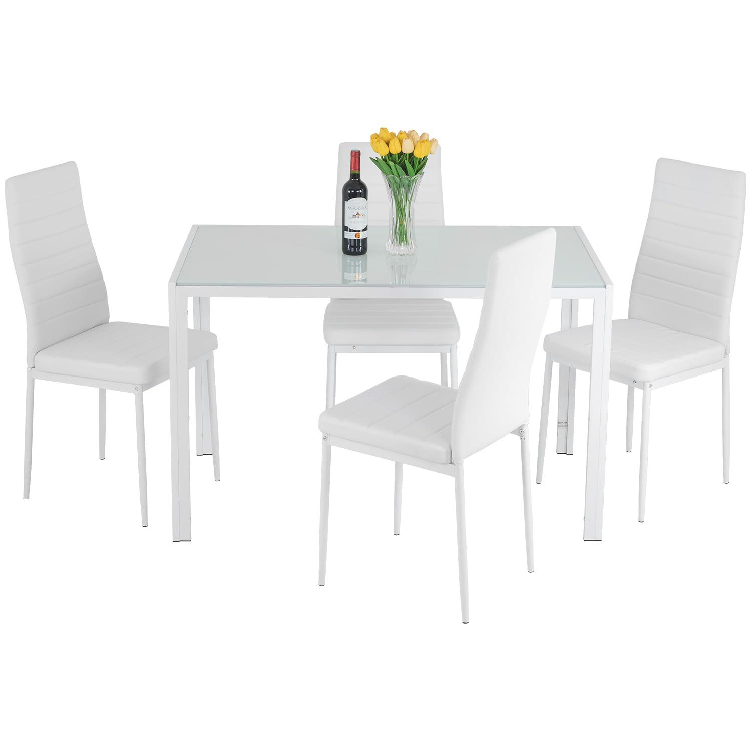 FDW Dining Table Set 5 Piece Dining Room Table Set with 4 Leather Chairs (White Glass)